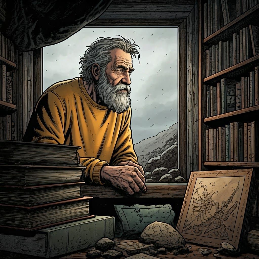 Contemplative Elderly Man in Dimly Lit Study