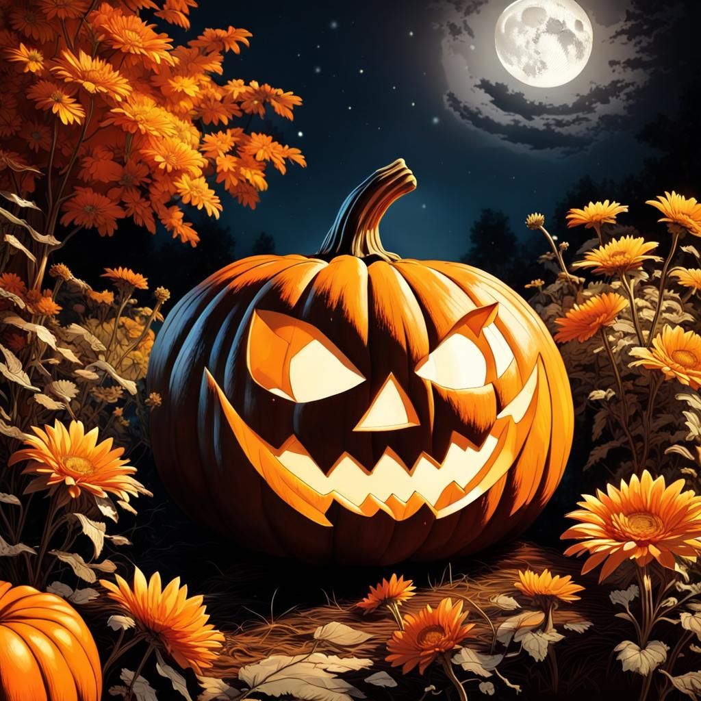 Laughing Pumpkin in Moonlit Garden with Cel Shading