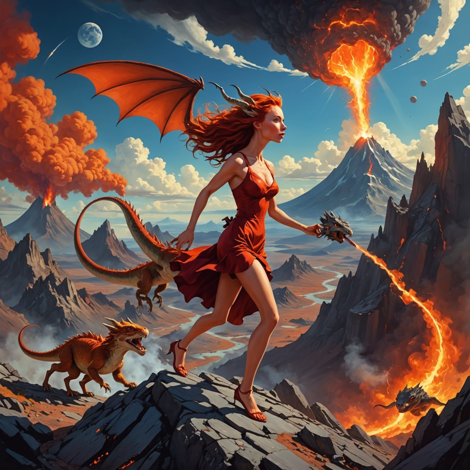 Dragon and Muskrat Fleeing Volcano, Dark Fantasy Art