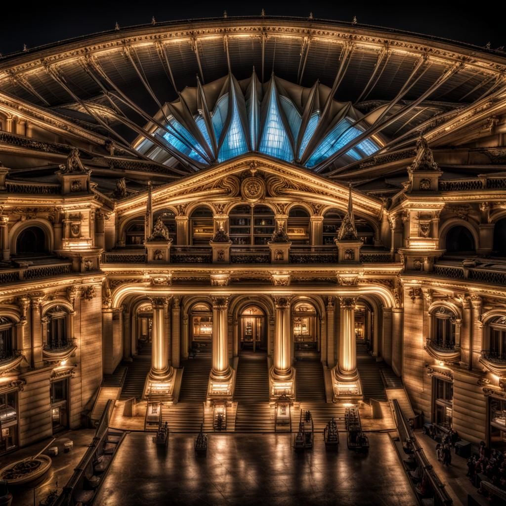 Illuminated Opera House at Night: Hyperrealistic Aerial View