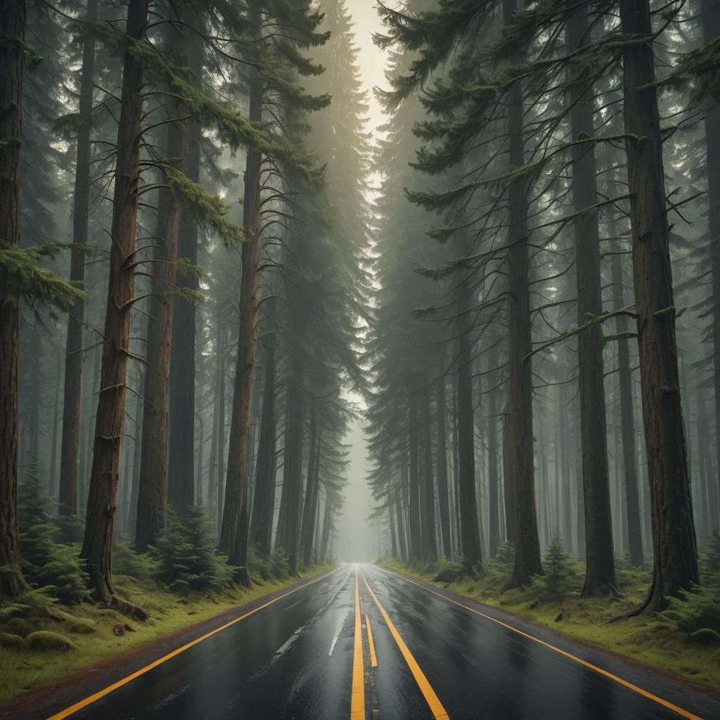Atmospheric Road Through Evergreen Forest, Matte Painting