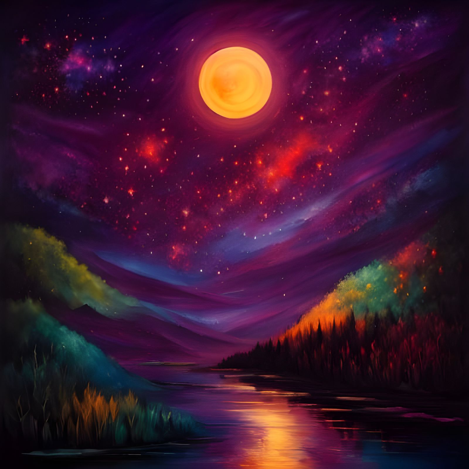 Giant Red Moon Over Forest River, in Pop Art Style