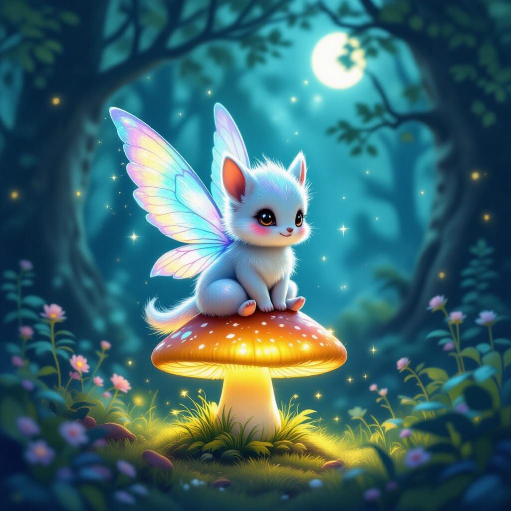 Magical Creature on Glowing Mushroom in Enchanted Forest