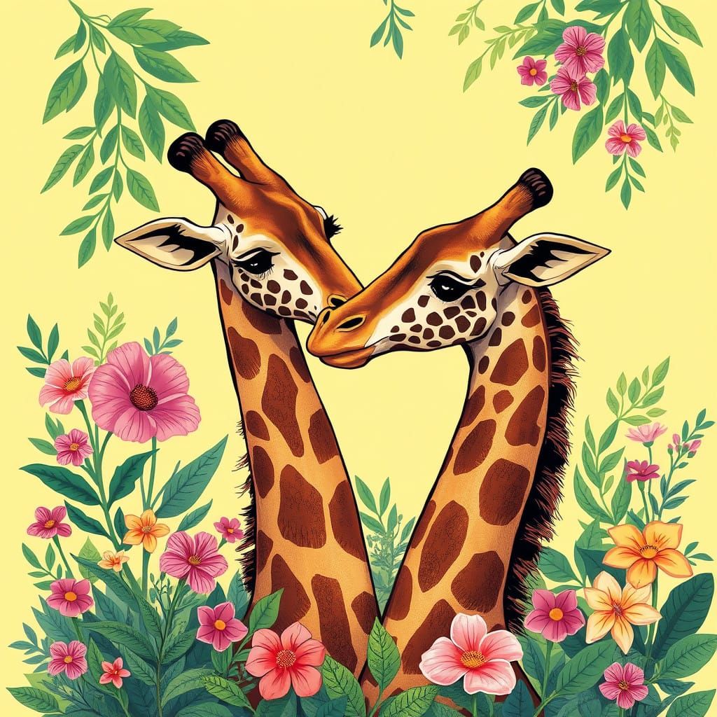 Whimsical Giraffe Lovers in Vibrant Bloom
