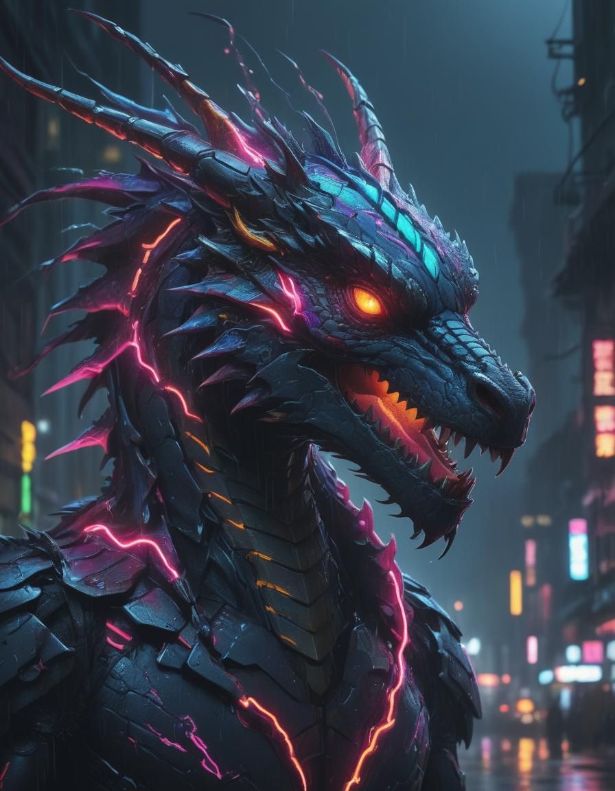 Neon Dragon in Cyberpunk Cityscape