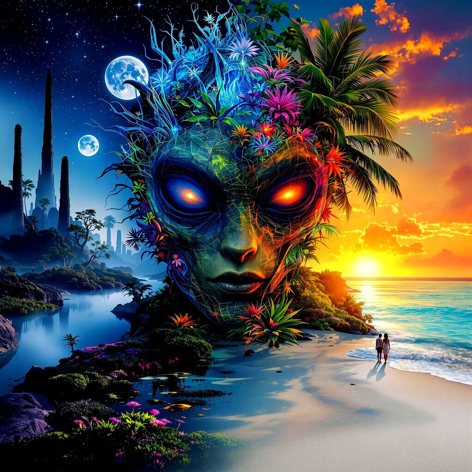 Double Exposure Alien Species Portrait in Vibrant Colors