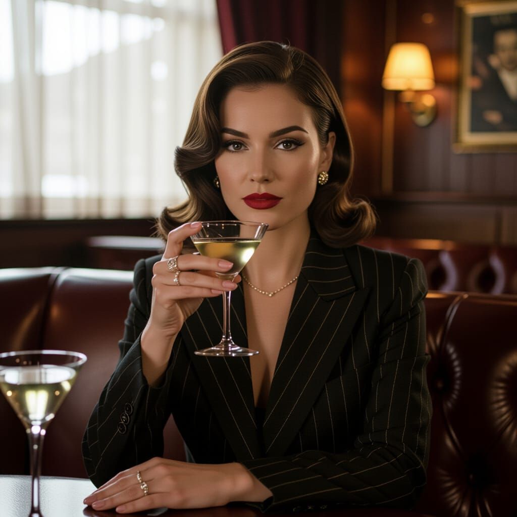Mafia Queen Sips Martini in Soft Jazz Club Lighting