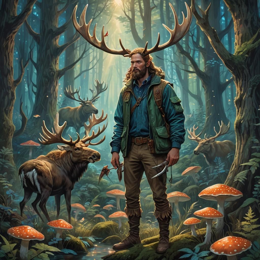 Mystical Forest Scene with Crab-Fish Man in Fantasy Art