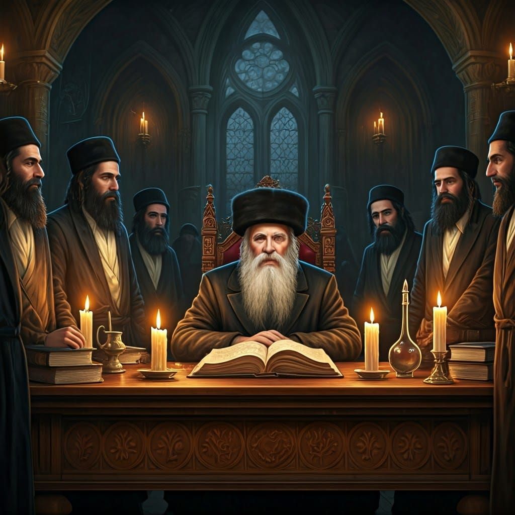 Hasidic Leader Surrounded by Devout Gathering in Mystical Re...