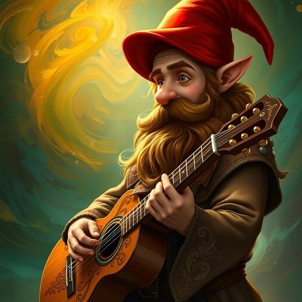 Gnomish Guitarist in Vibrant, Dreamlike Setting