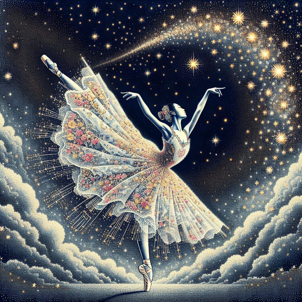 Ballerina Dancing Under Starry Sky in Ukiyo-e Style