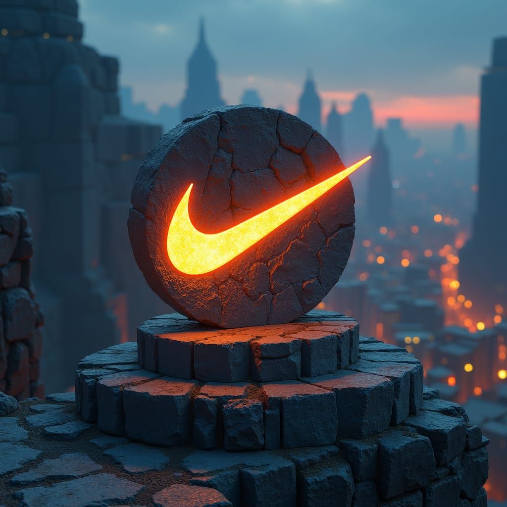 Nike Logo on Ancient Pedestal in Fantasy Cityscape