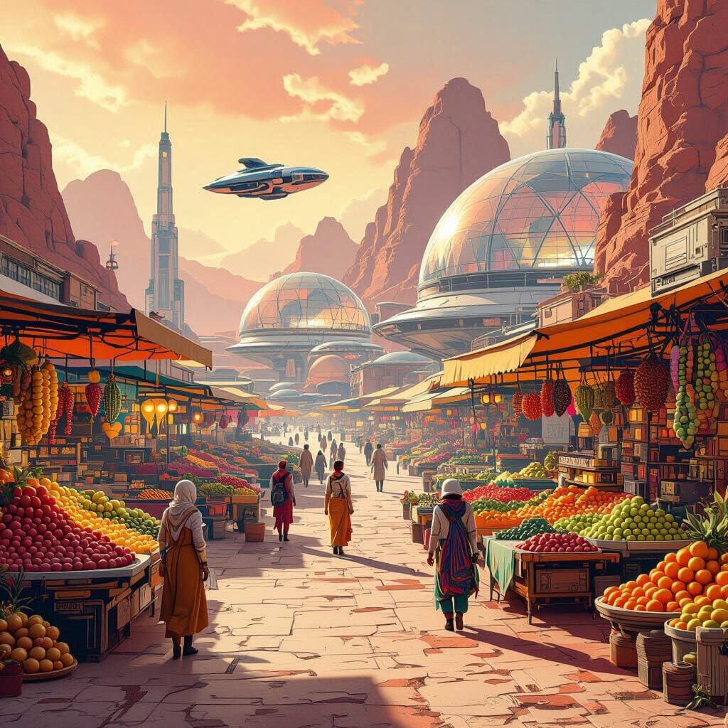 Retro-Futuristic Mars Marketplace with Exotic Goods