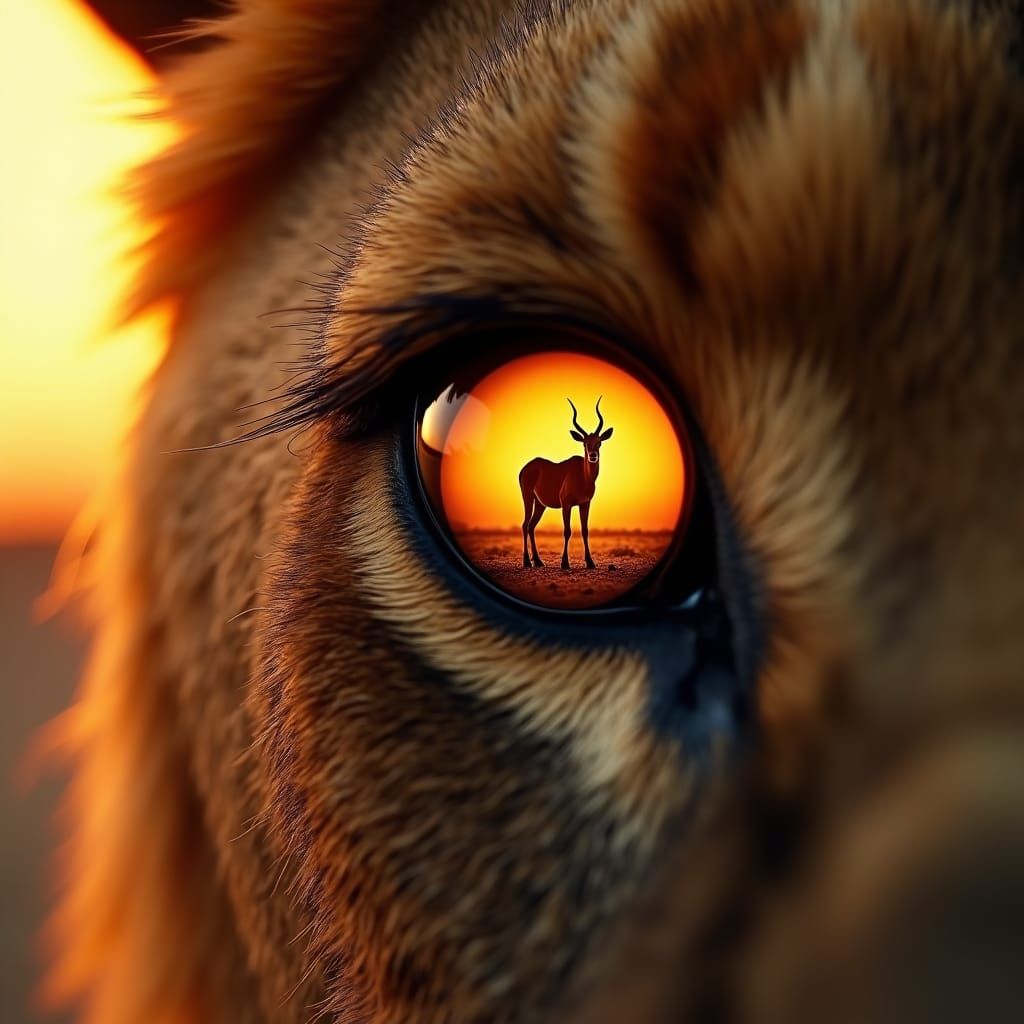 Background sun, heat, African desert, in a lion's eye you se...