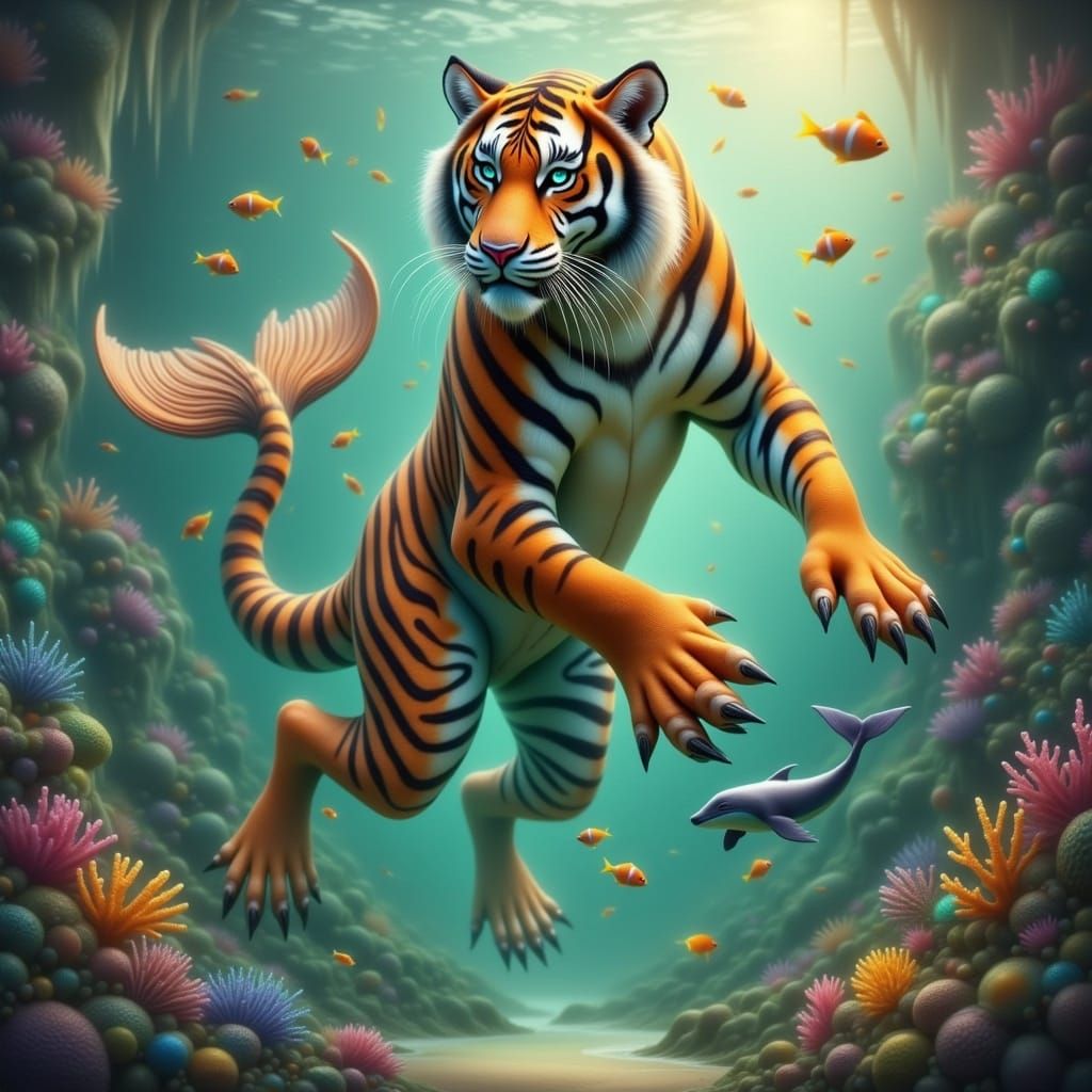 Enchanted Meritiger in Whimsical Tropical Reef Scene
