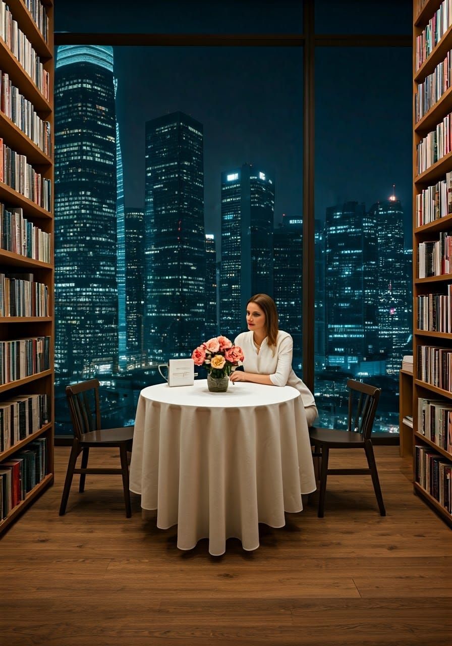 Sophisticated Woman in Modern Bookstore at Night