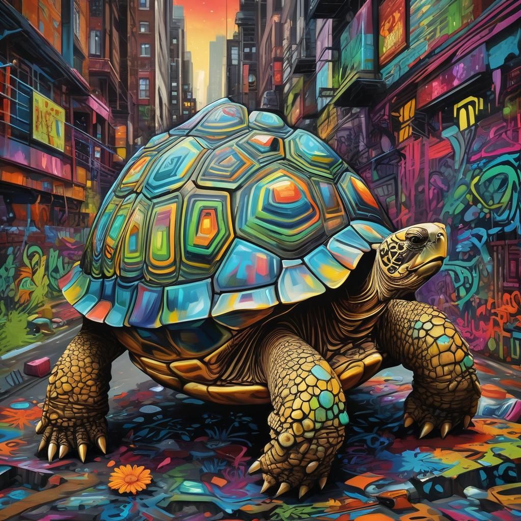 Kaleidoscopic Tortoise in an Urban Neon Dreamscape