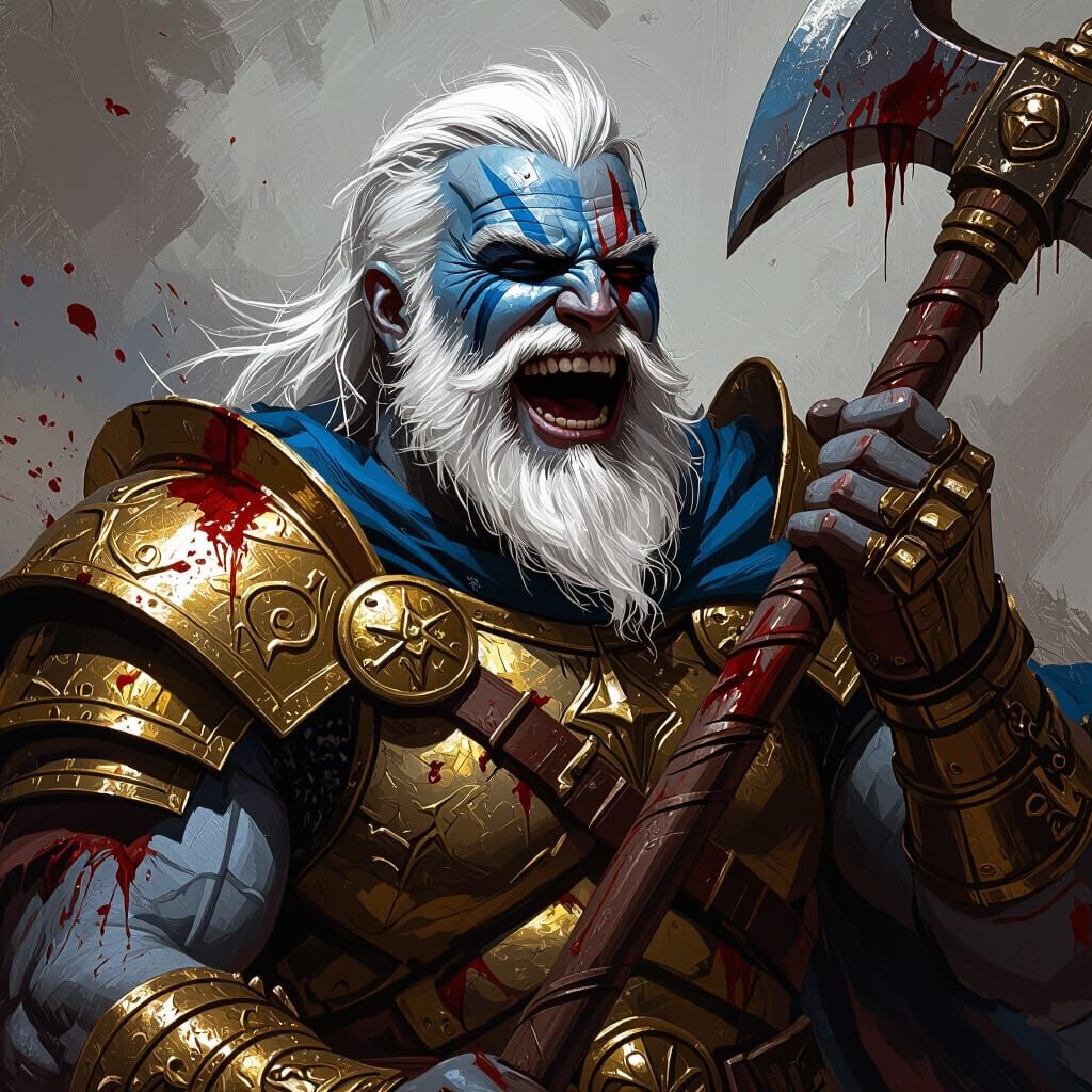 Laughing Warrior in Golden Armor with Blue Warpaint