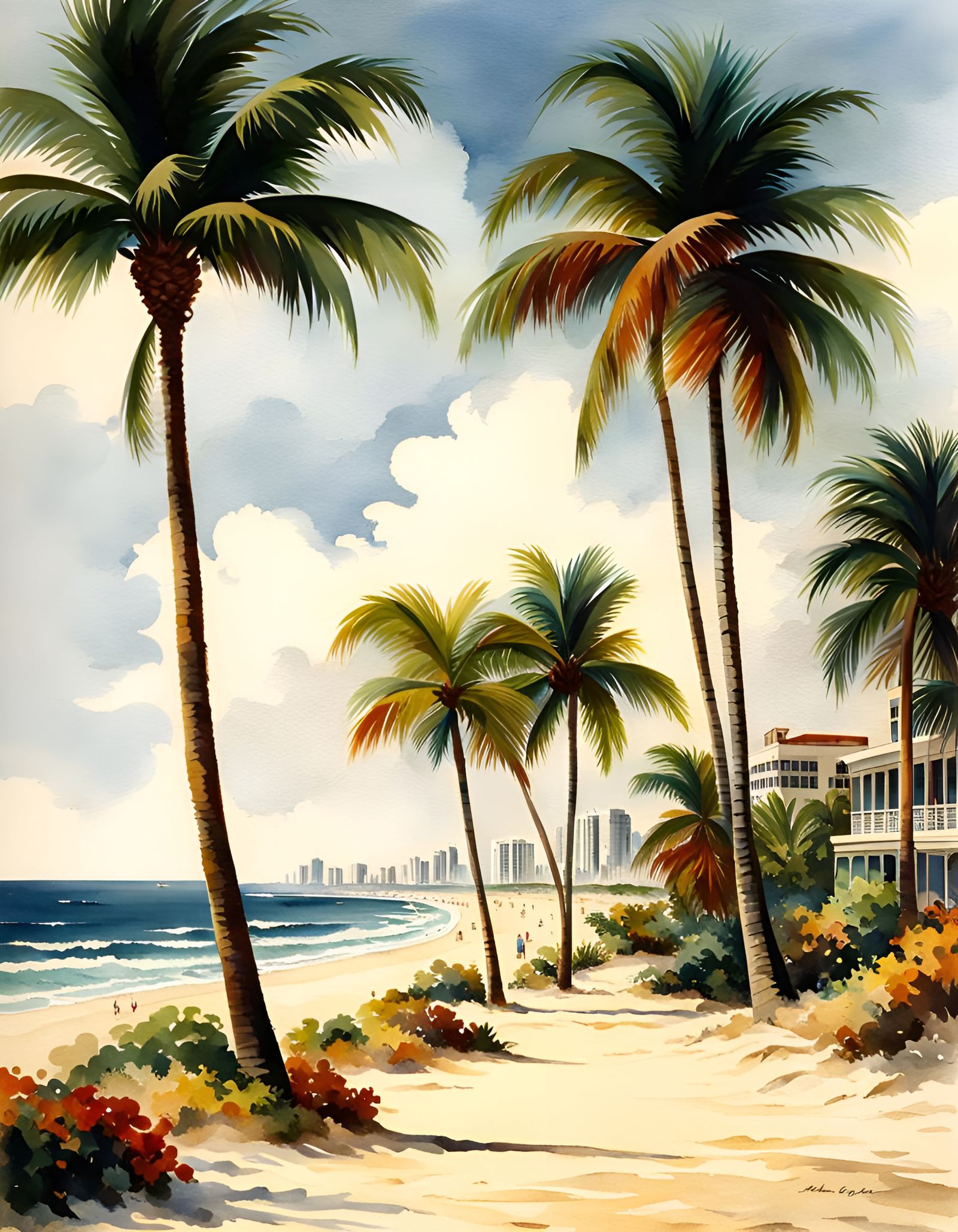 Vintage Miami Beach Art in Watercolor Style