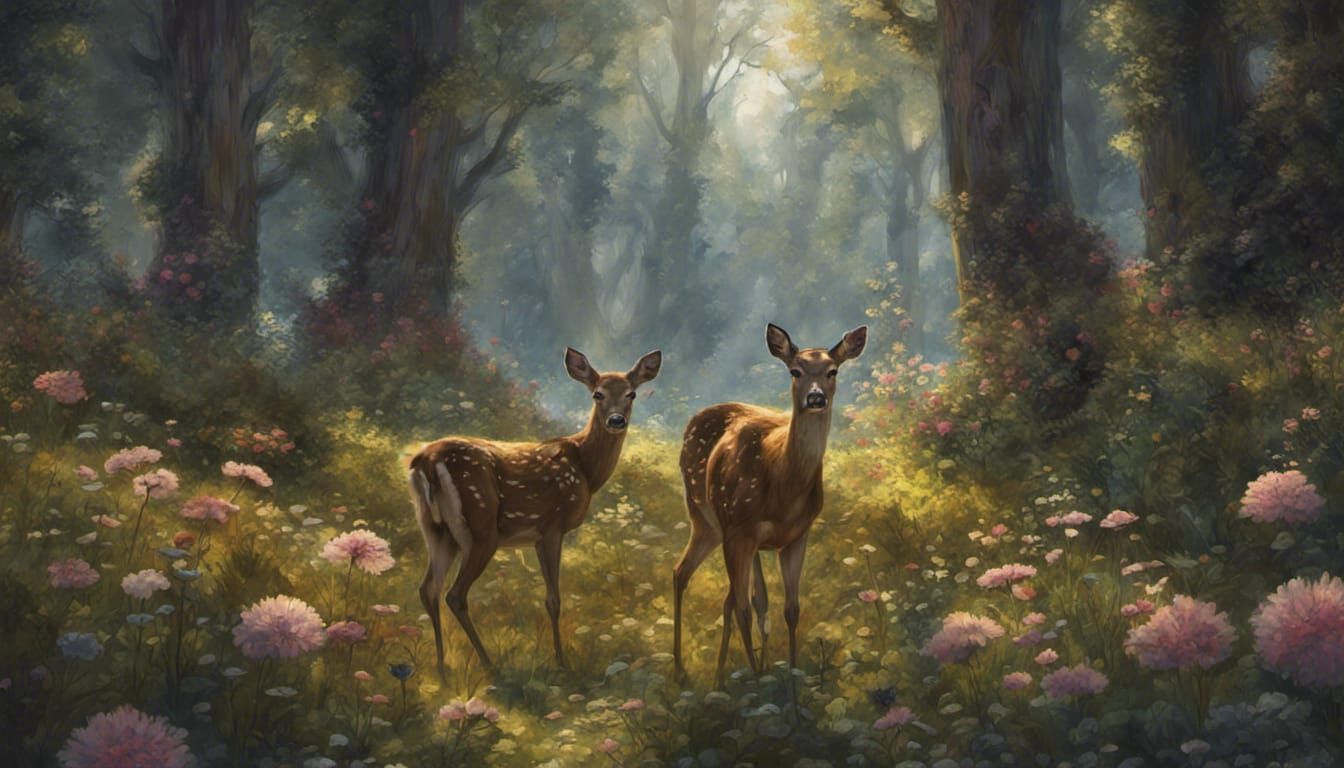 Deer and Fawn in Hyperdetailed Wildflower Meadow