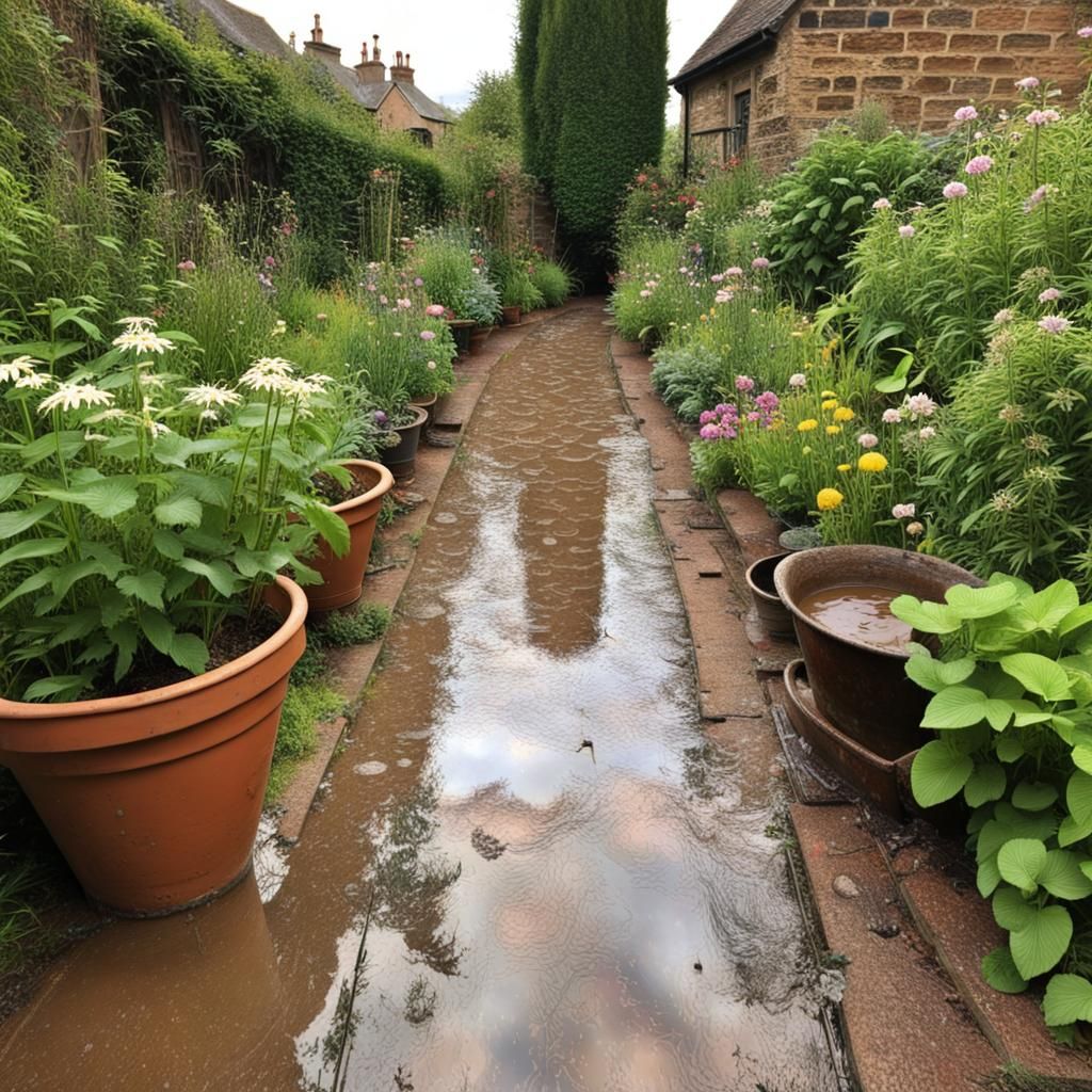 Pre-Raphaelite Garden Path with Rain and Sunshine