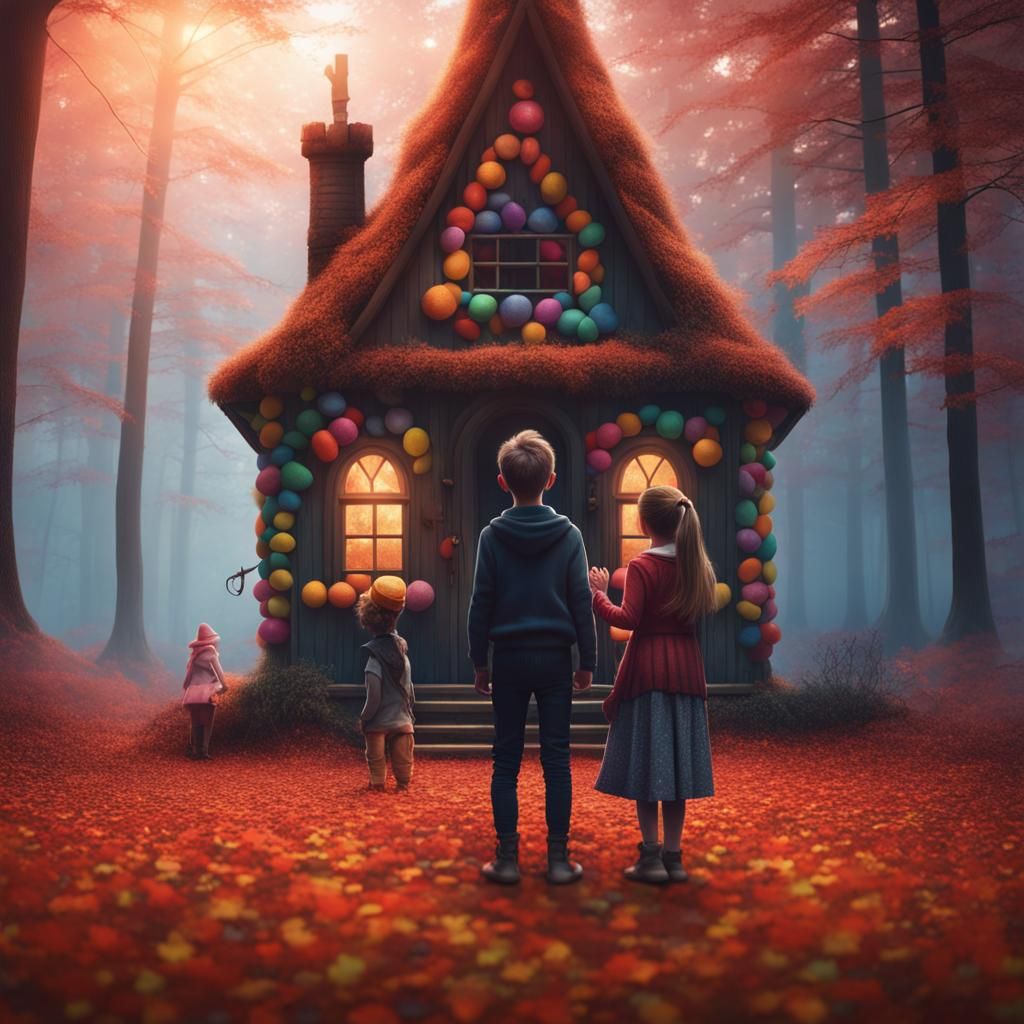 Candy House with Witch, Boy, and Girl in Forest