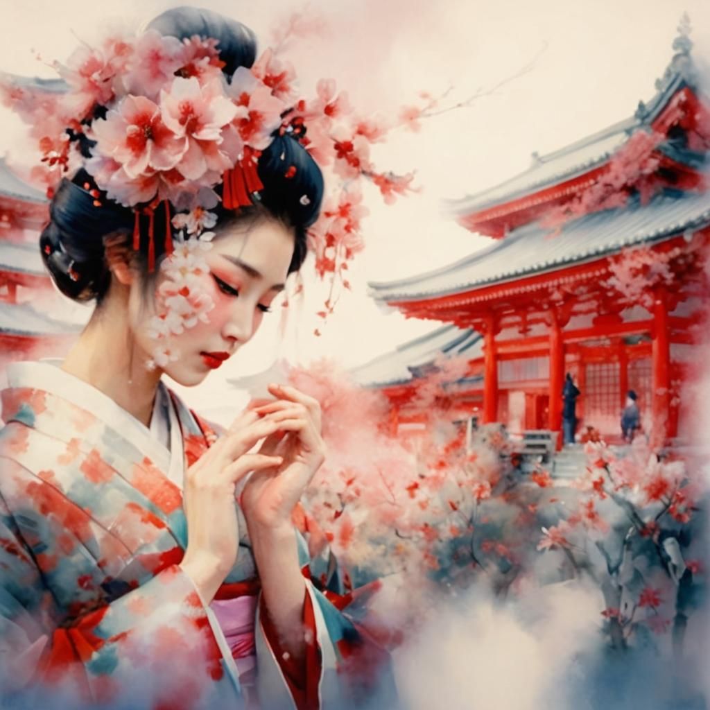 Kimono Woman Praying at Temple in Ukiyo-e Style