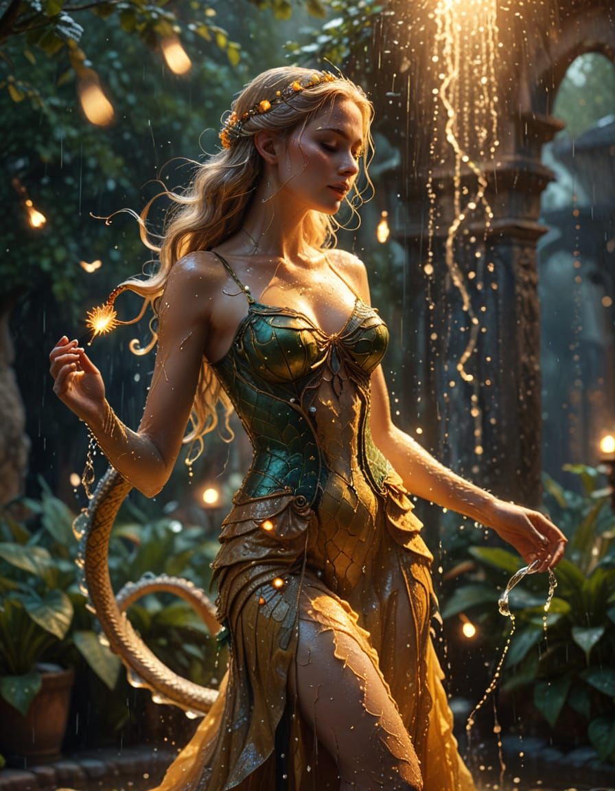 Serpent Queen Dances in Summer Rain: Fantasy Art