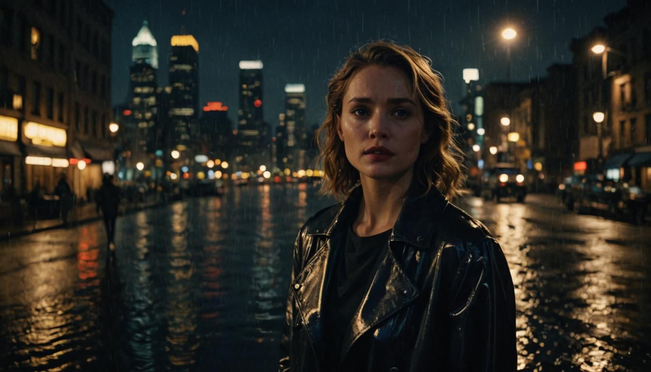 Dramatic Actress in Moody Cityscape: Film Noir Style