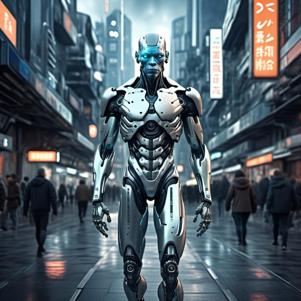 Hyperrealistic Alien Cyborg Human Hybrid in Sci-Fi City