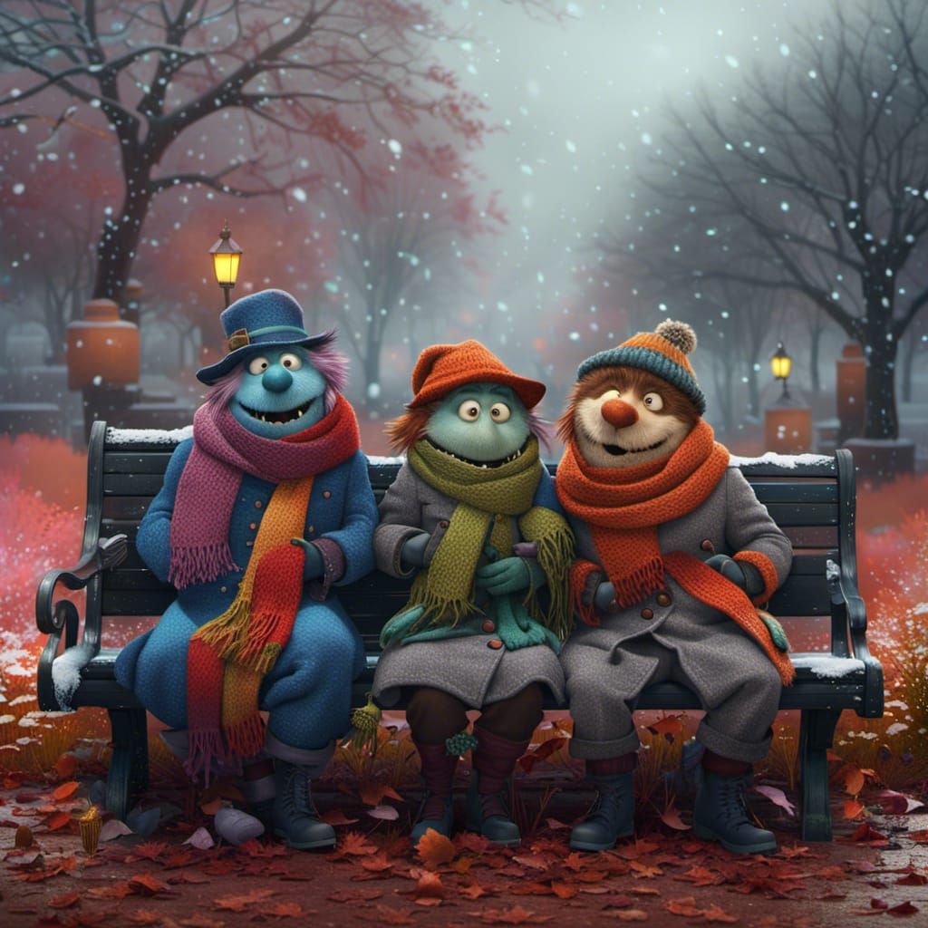Happy Monsters Enjoying Winter Snowfall