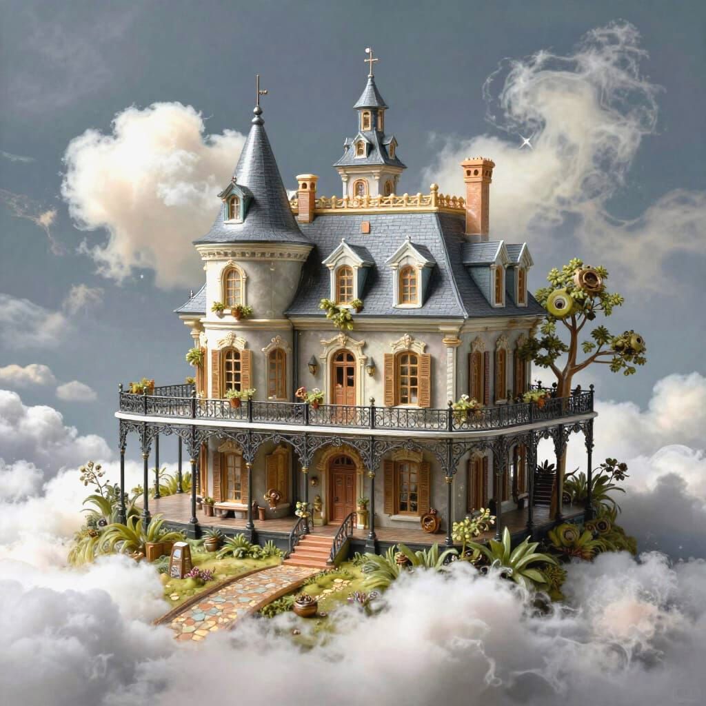 Steampunk Manor Among Clouds in Glass Art Style