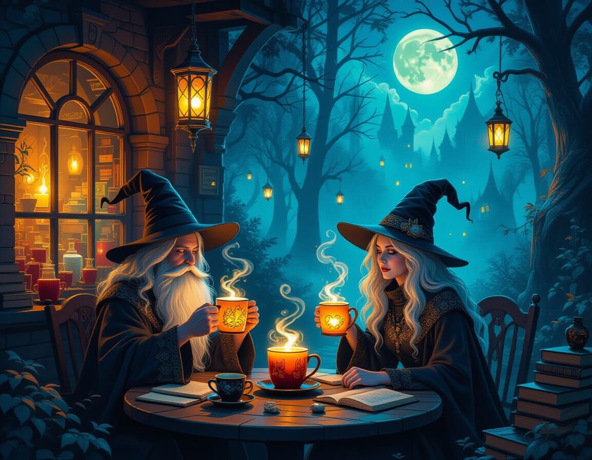 Mystical Woodland Cafe with Glowing Mugs and Magic