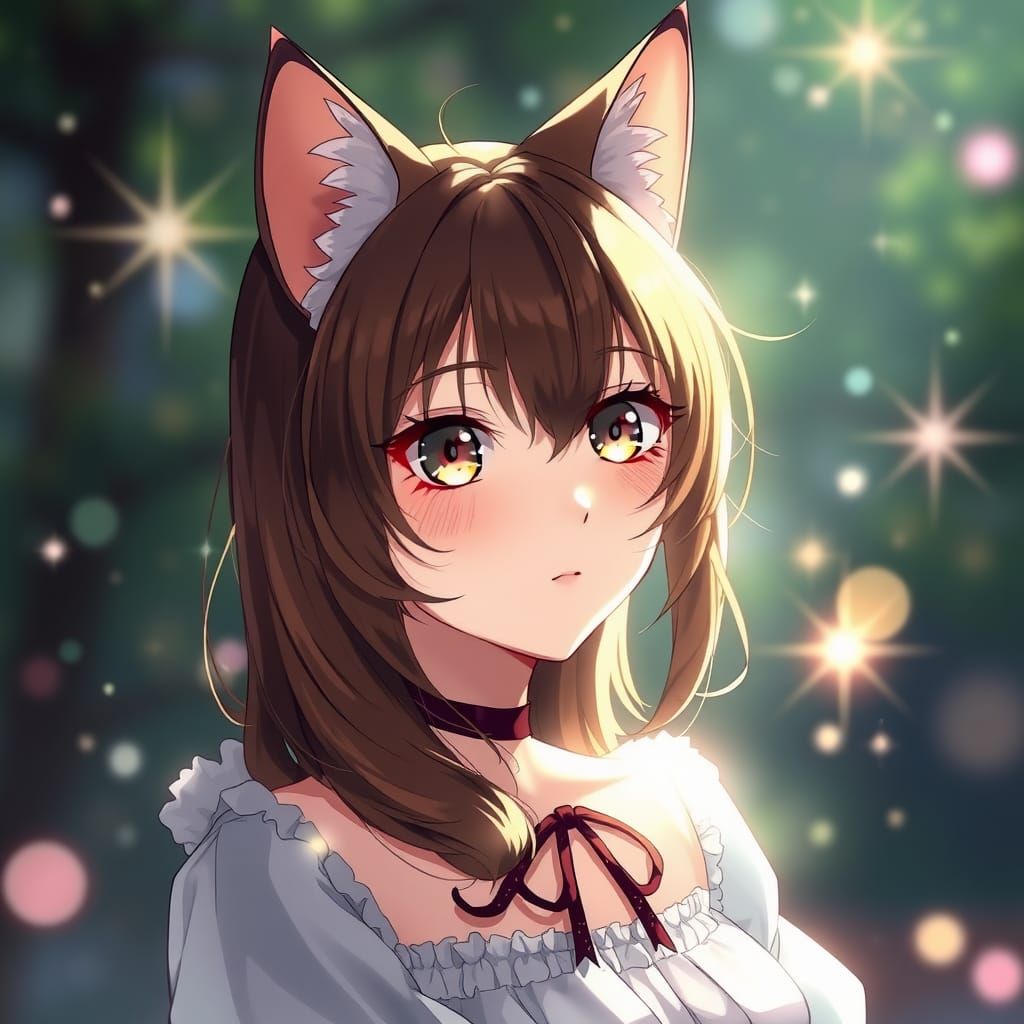 Anime-Style Brunette Catgirl in Radiant Nature Scene