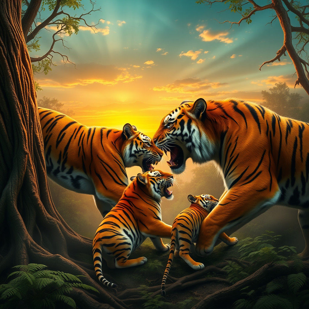 Bengal Tigers Clash in Ancient Forest at Sunset