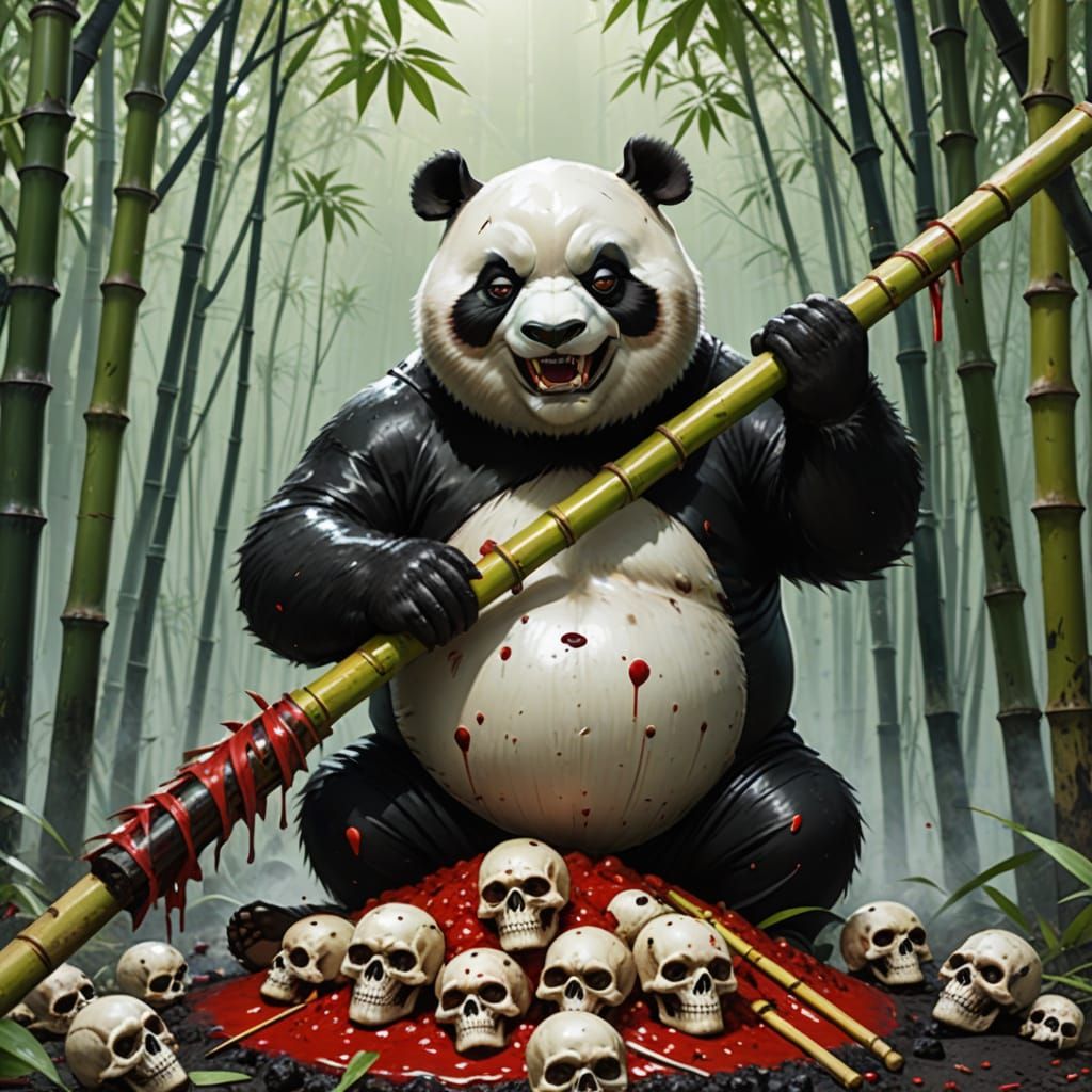 Evil Panda Supervillain with Bloodied Bamboo