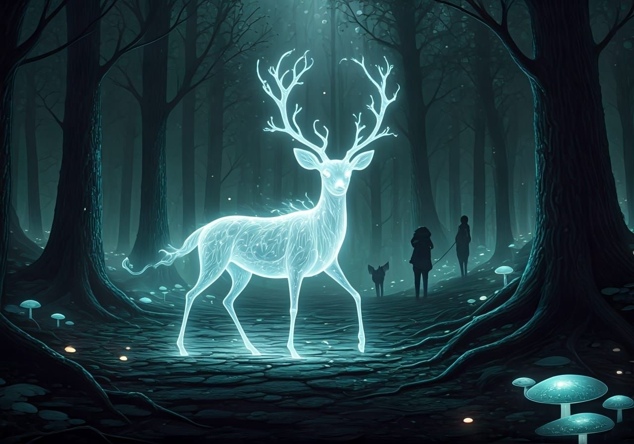 Ethereal Deer Guiding Travelers Through Enchanted Forest