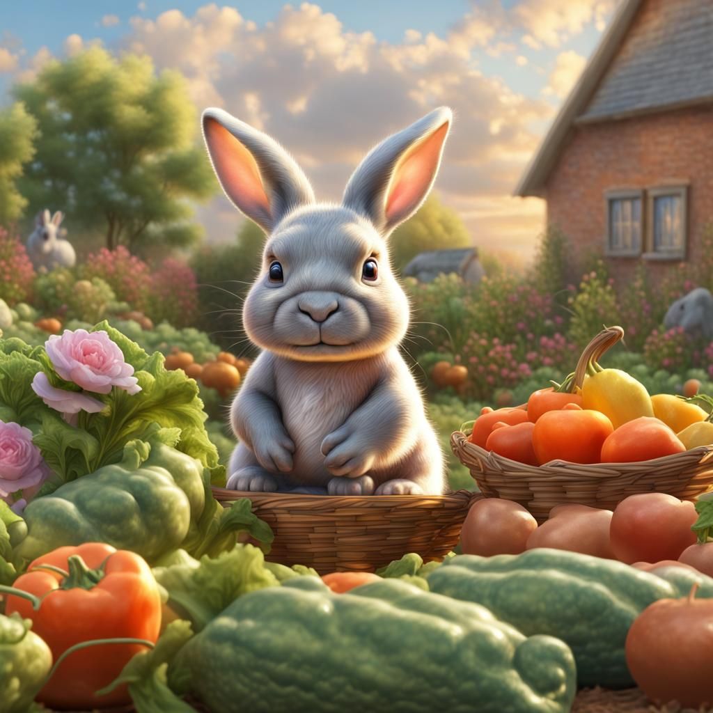 Whimsical Hybrid Rabbit-Hippo in Garden Painting