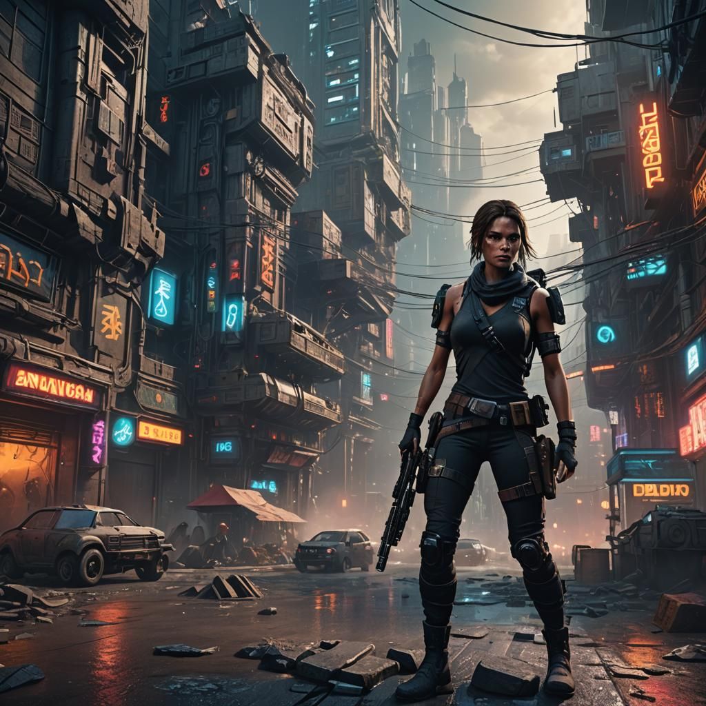 Cyberpunk Adventurer in Futuristic Cityscape
