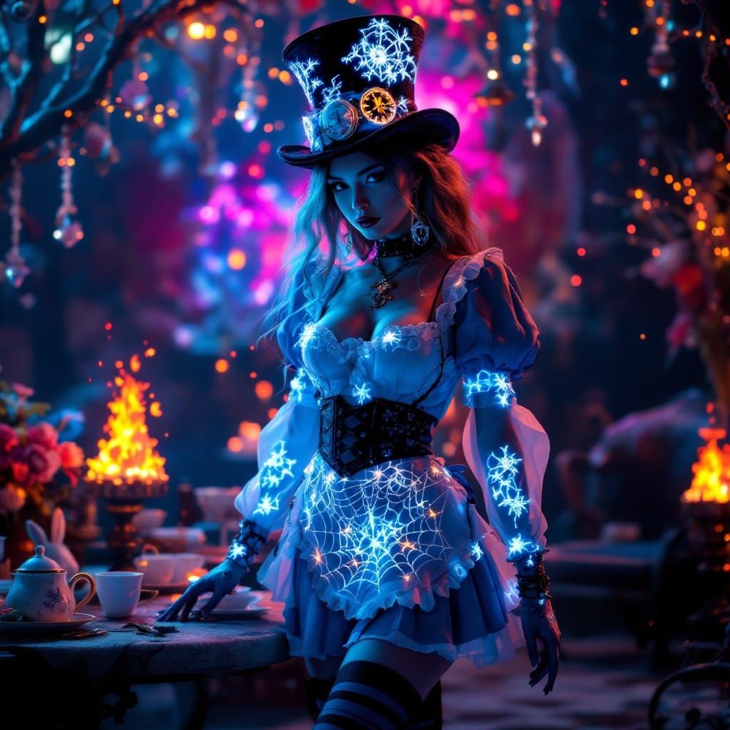 Surreal Goth Alice in Wonderland in Intricate Cyan Blue Mini...