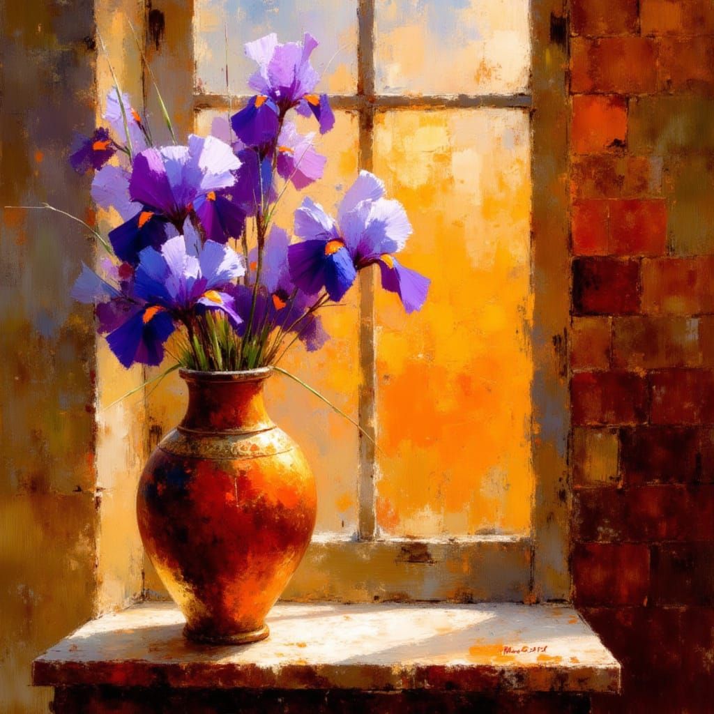 Impressionistic Purple Irises in Orange Sunset
