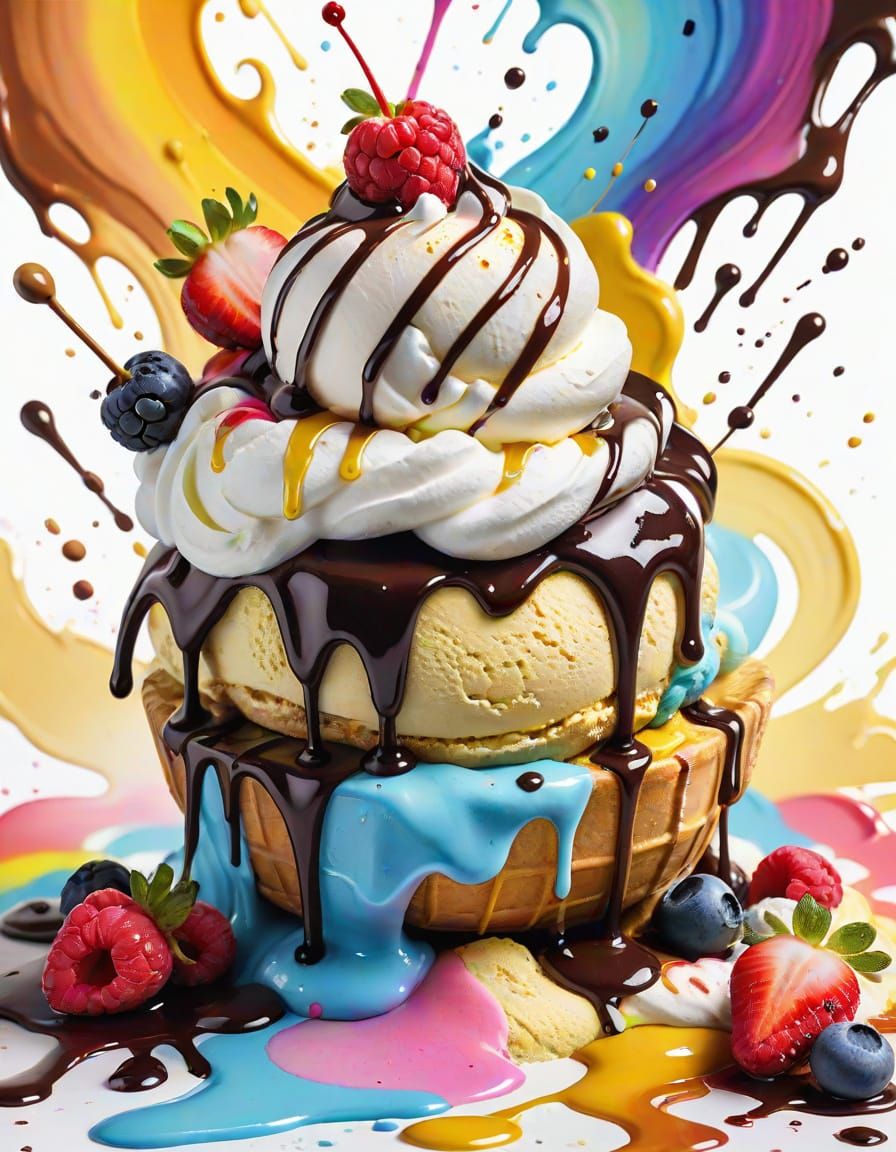 Rainbow Ice Cream Banana Split in Watercolor Style