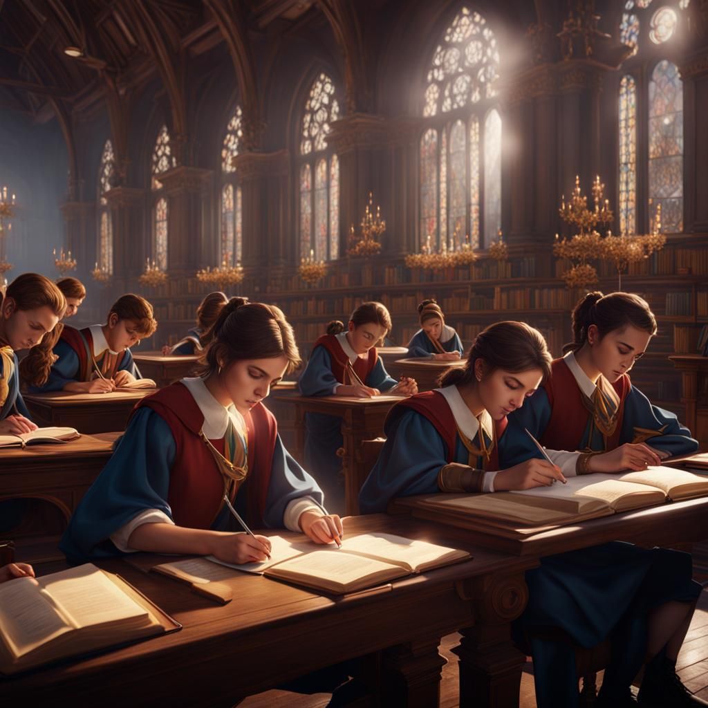 College Students in Class: Detailed Fantasy Concept Art