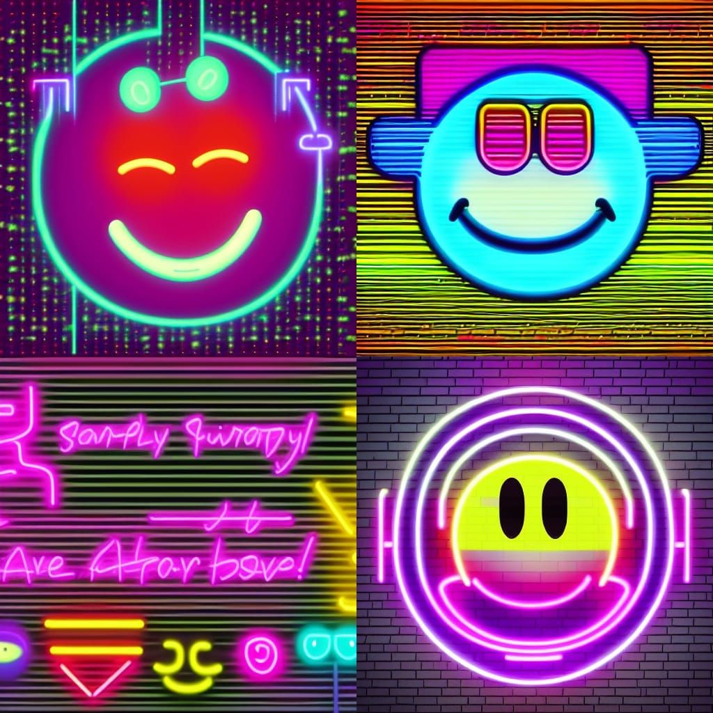 Synthwave Smiley Face Emoji in Neon Retro Style
