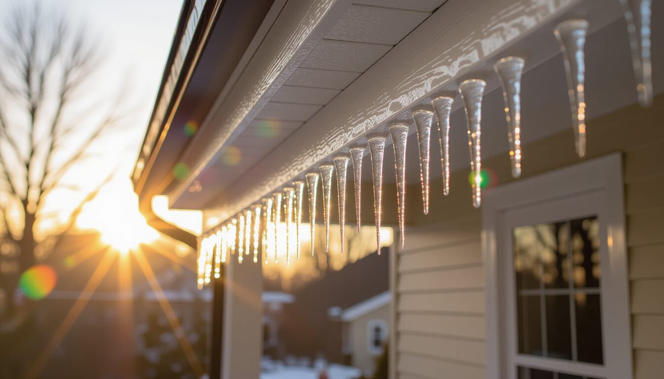 Melting Icicles on Verandah with Rainbow Lens Flare