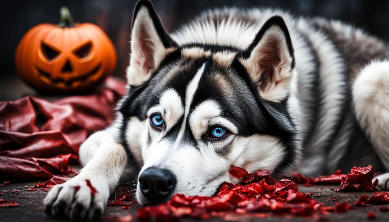 Hyperrealistic Siberian Husky in Bloody Halloween Scene