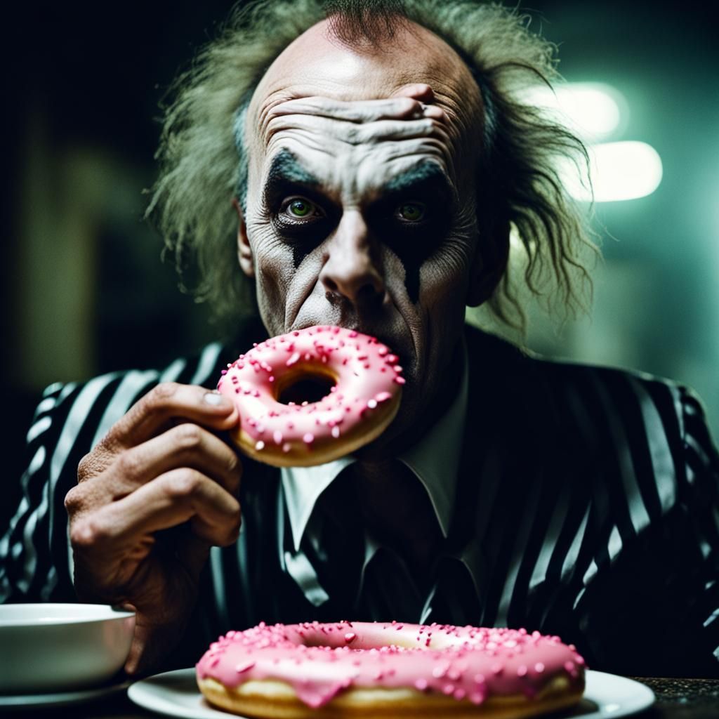 Michael keaton as Beetlejuice eating donuts