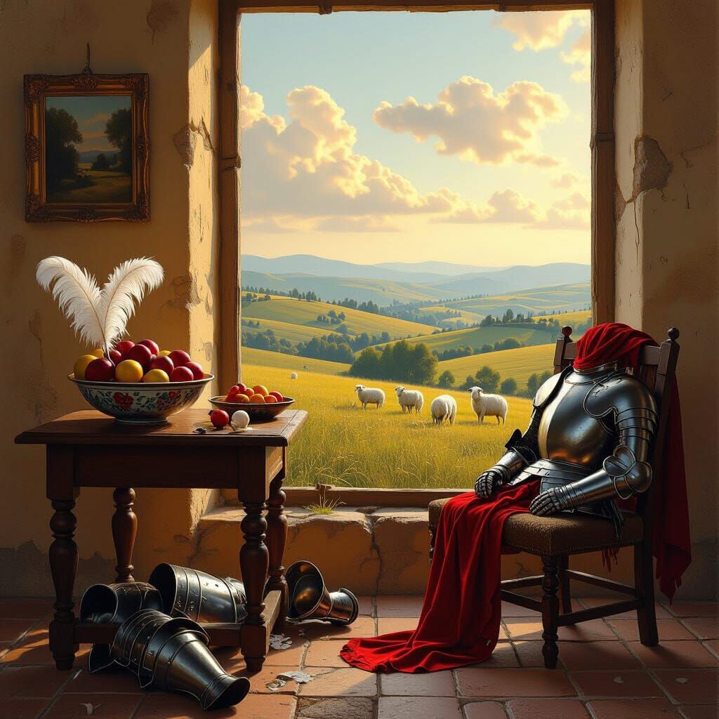 Rustic Still Life with Armor and Rolling Hills