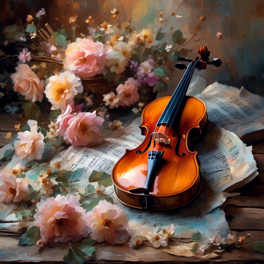 Impressionist Violin Still Life with Pastel Flowers