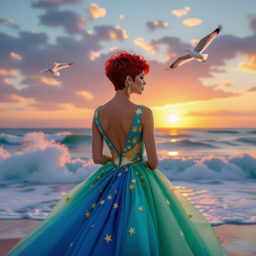 Woman in Ombre Gown Gazing at Sunset Ocean